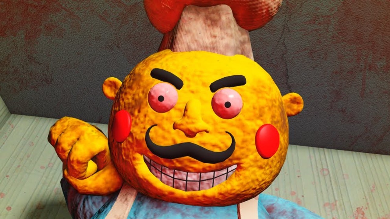 In-game close-up of Mister Mix, the yellow-skinned Roblox chef with red cheeks, a black mustache, and a stained chef hat.